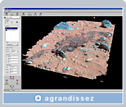 Les solutions graphiques NVIDIA Quadro, qui boostent le logiciel de réalité virtuelle Viz de la NASA, représentent cette reconstruction du sol virtuel en 3D, révélant une trace laissée par l’un des coussins gonflables du robot Spirit. Image reproduite avec l’aimable autorisation de NASA Ames/JPL/Cornell.