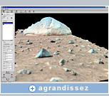 Cette image en 3D de l’approche d’Adirondack a été générée à l’aide du logiciel de réalité virtuelle Viz de la NASA (Ames) et de solutions graphiques NVIDIA Quadro. L’outil d’abrasion de pierres de Spirit permettra d’aplanir une zone de la roche à des fins d’examen détaillé au moyen de l’outil Microscopic Imager. Image reproduite avec l’aimable autorisation de NASA Ames/JPL/Cornell.